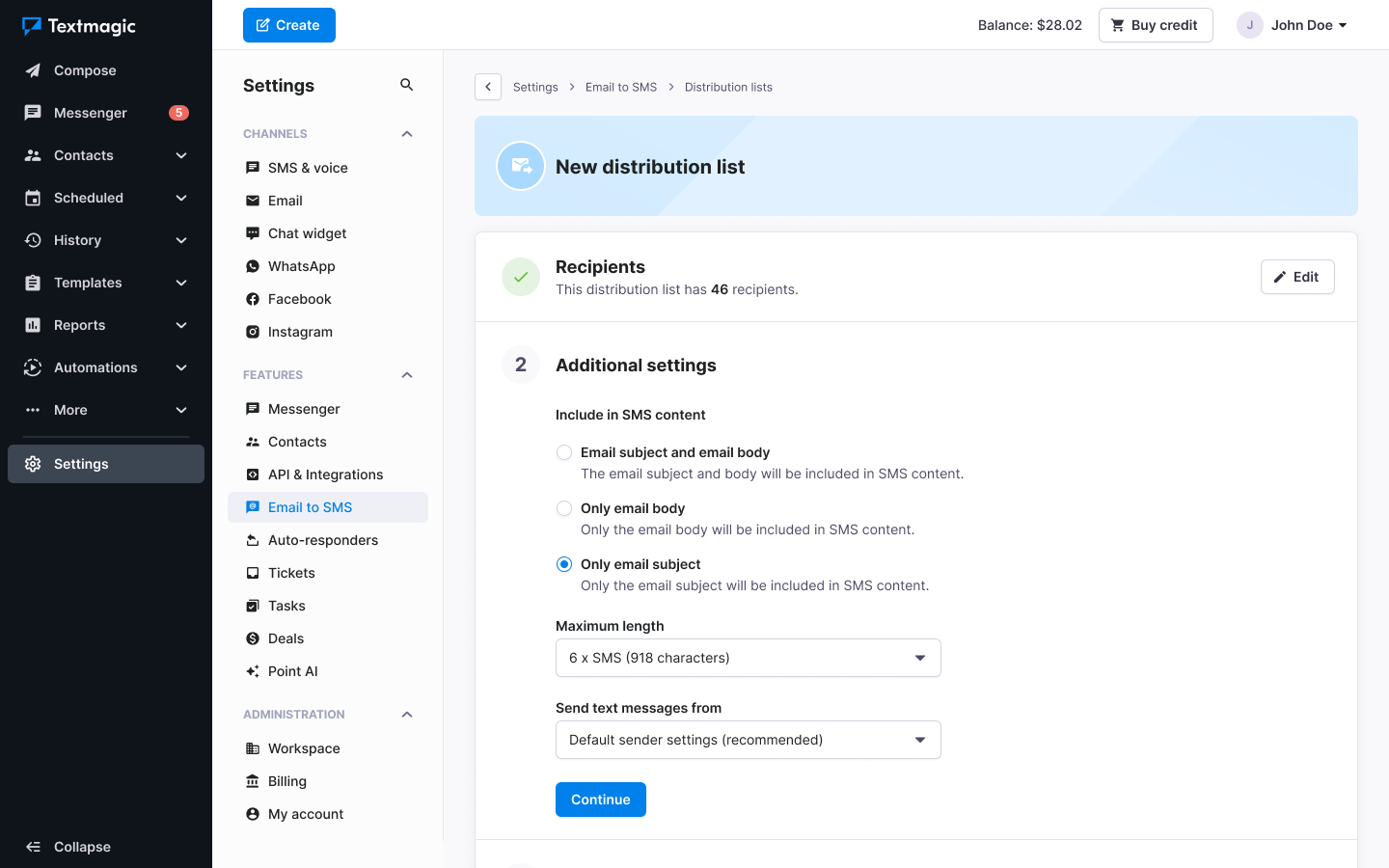 Textmagic create a new distribution list