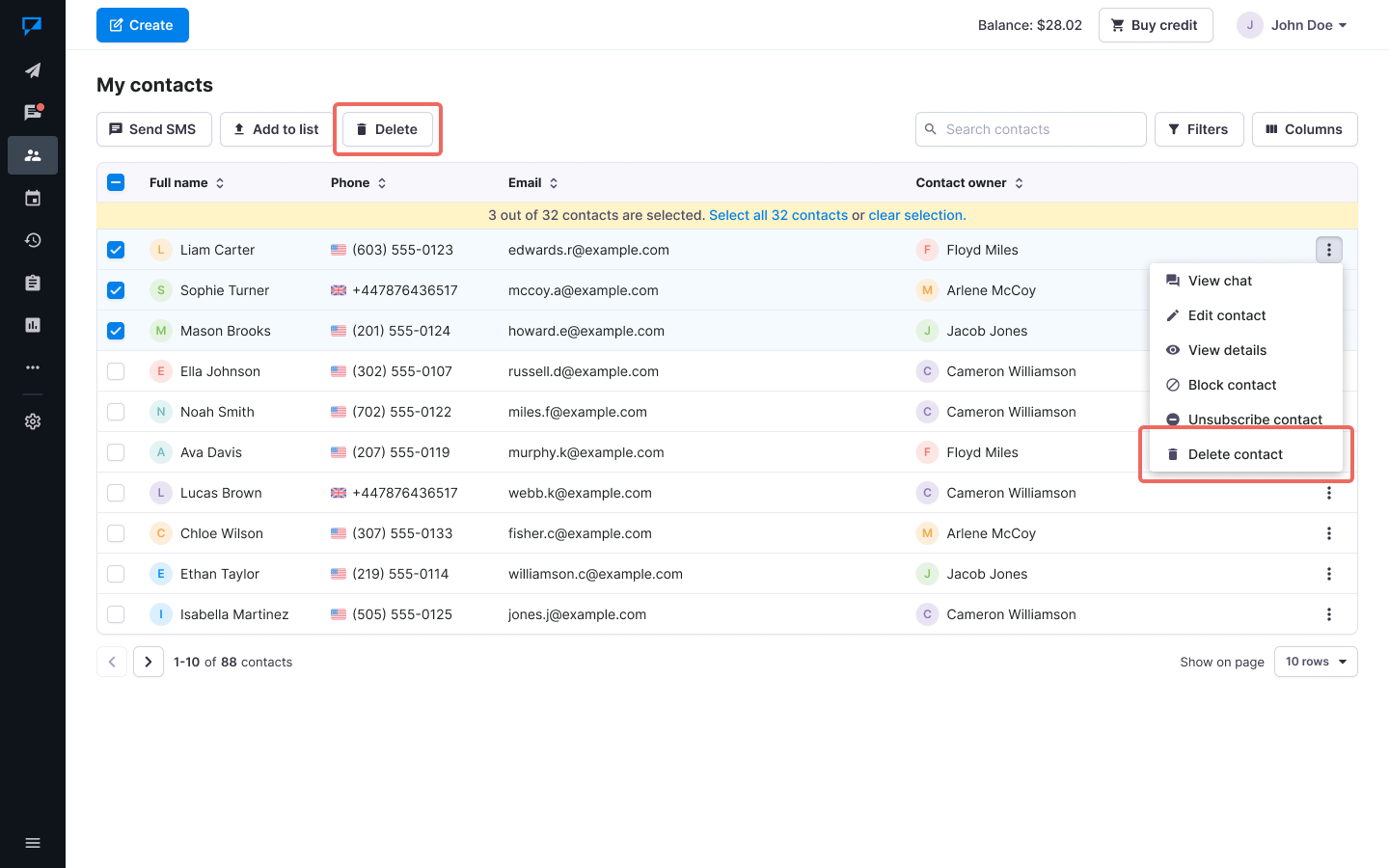 Textmagic delete contact