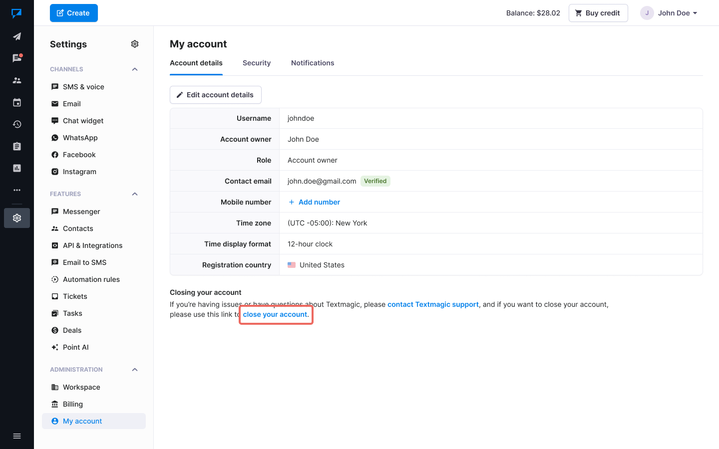 Textmagic close the account