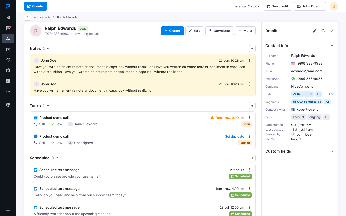 Textmagic contact's data