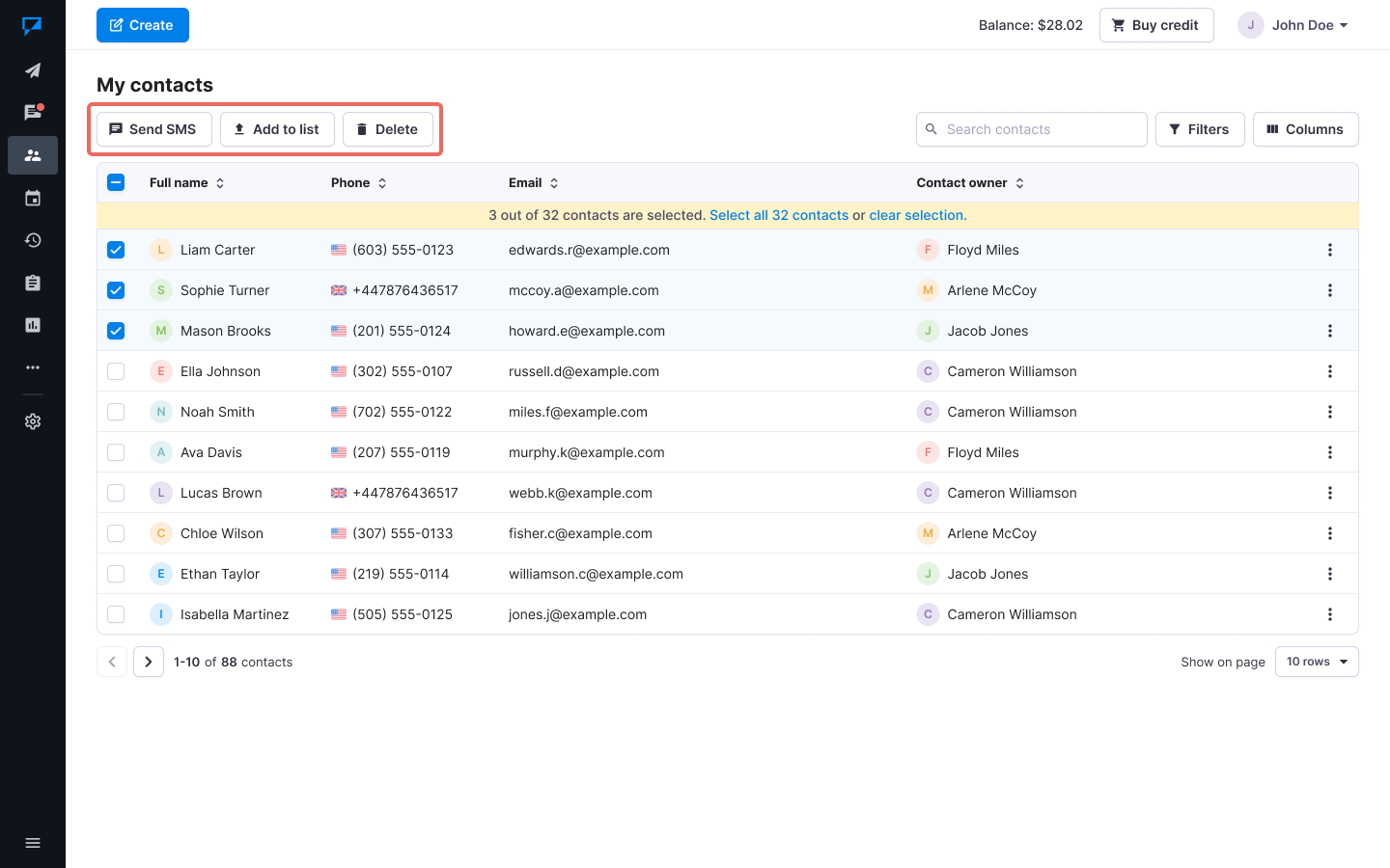 Textmagic actions for multiple contacts
