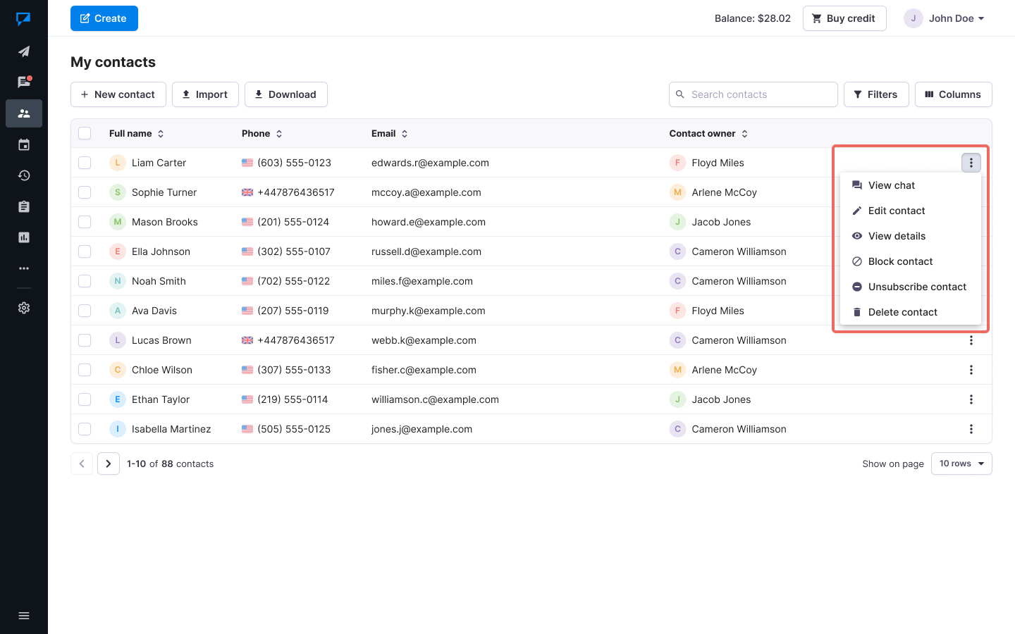 Textmagic actions for single contact