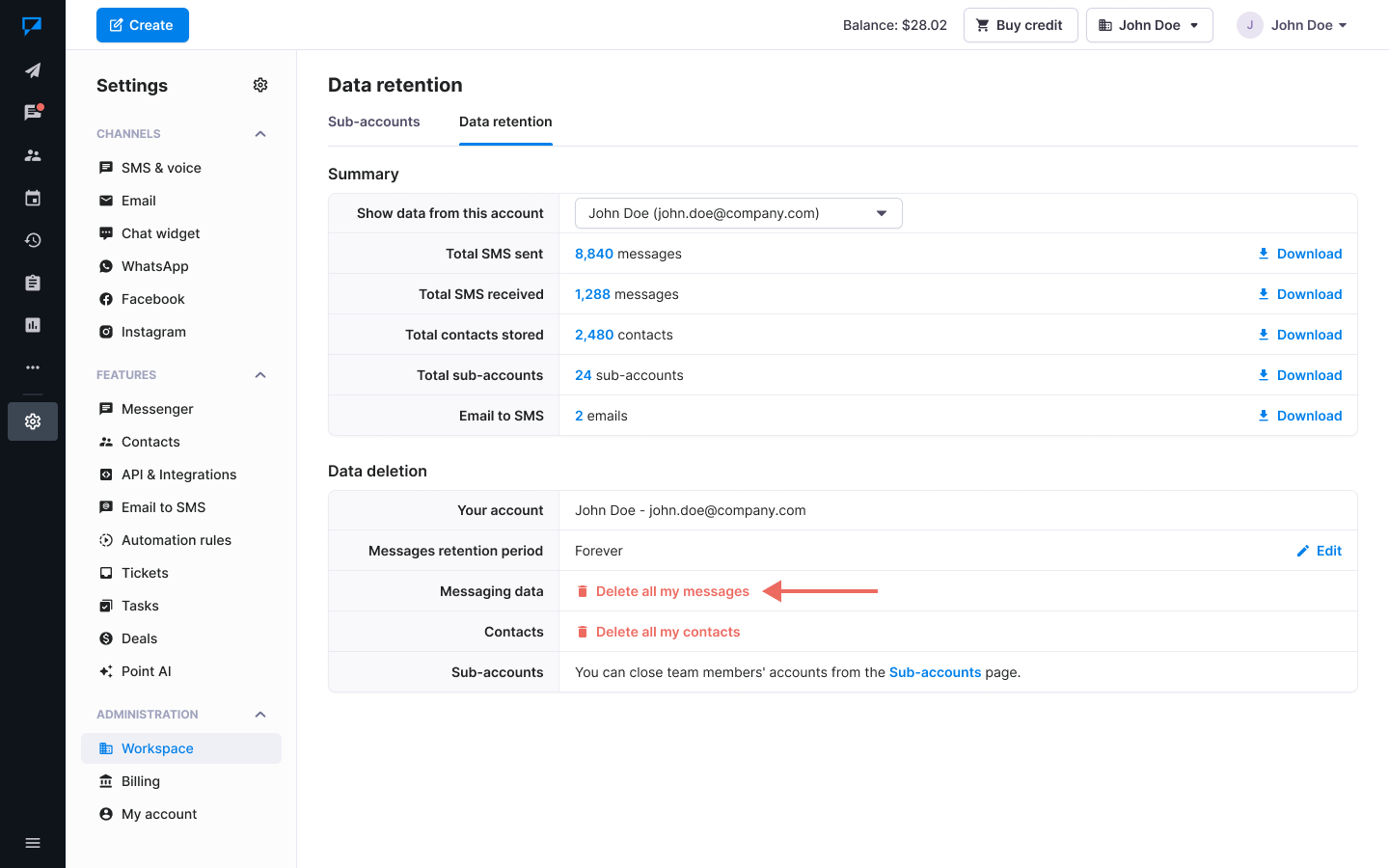 Textmagic delete messaging data