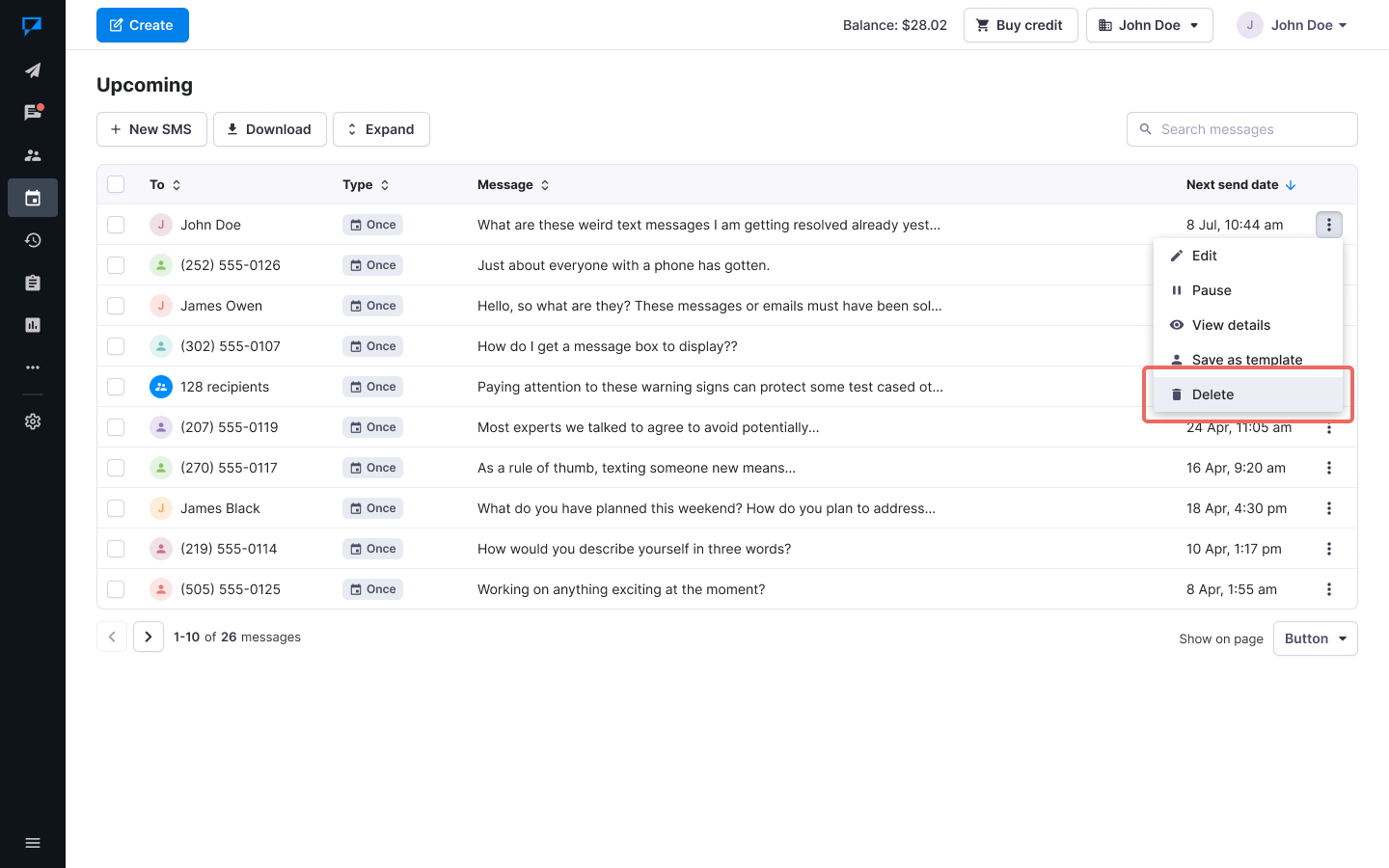 Textmagic delete scheduled message