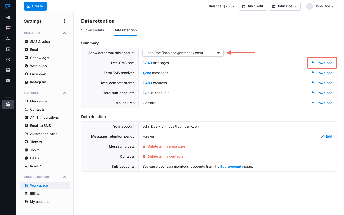 Textmagic download my data