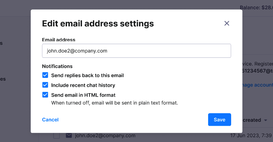 Edit Email to SMS address settings