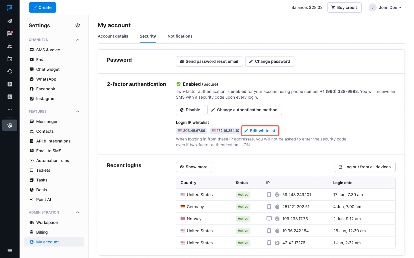 Textmagic - Login from a whitelisted IP