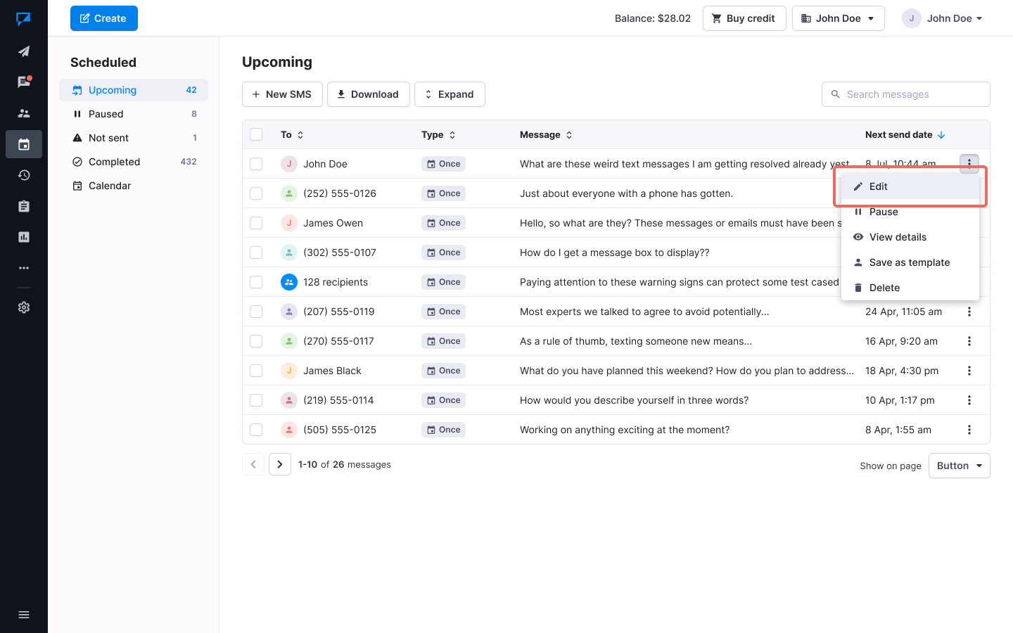 Textmagic edit scheduled message
