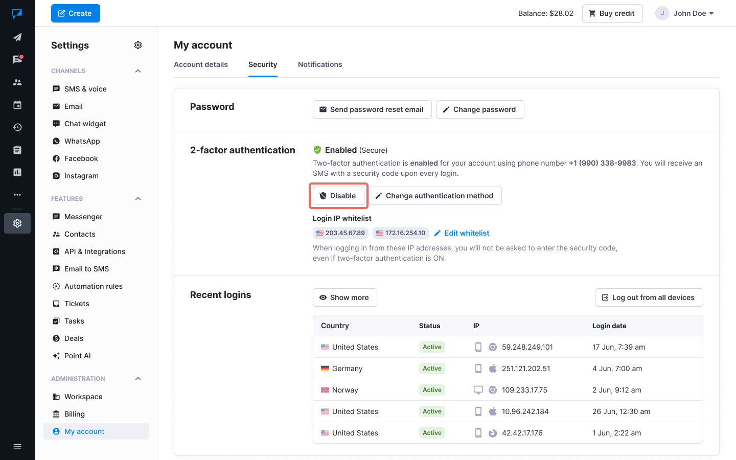 Textmagic - Enable Two-factor authentication