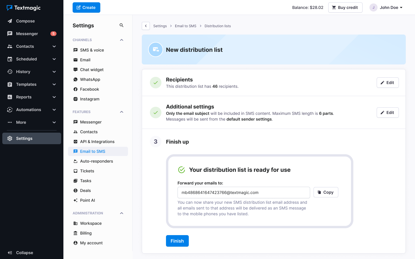 Textmagic distribution list created