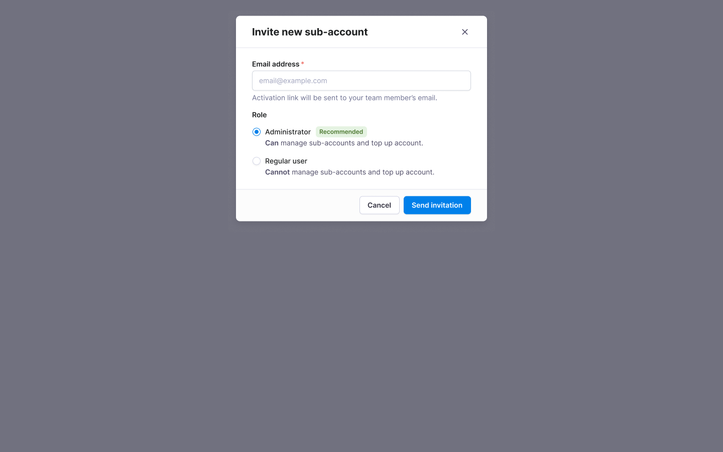 Textmagic invite sub-account modal