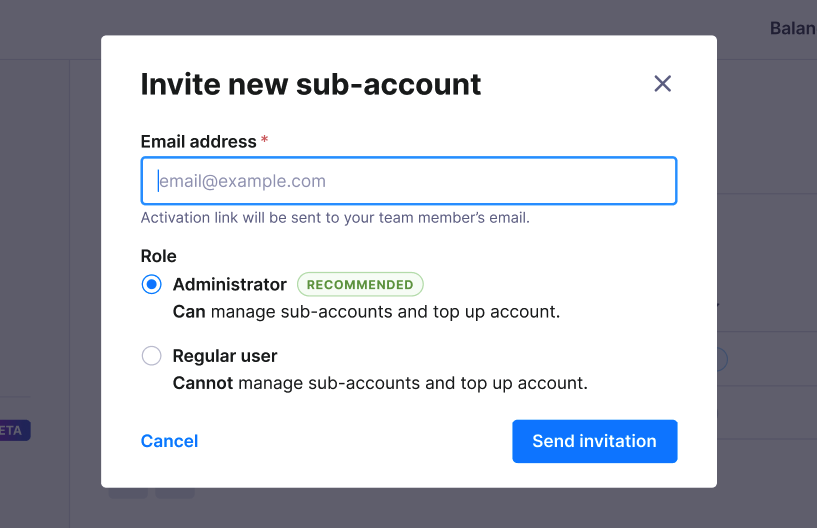 Textmagic invite sub-account modal