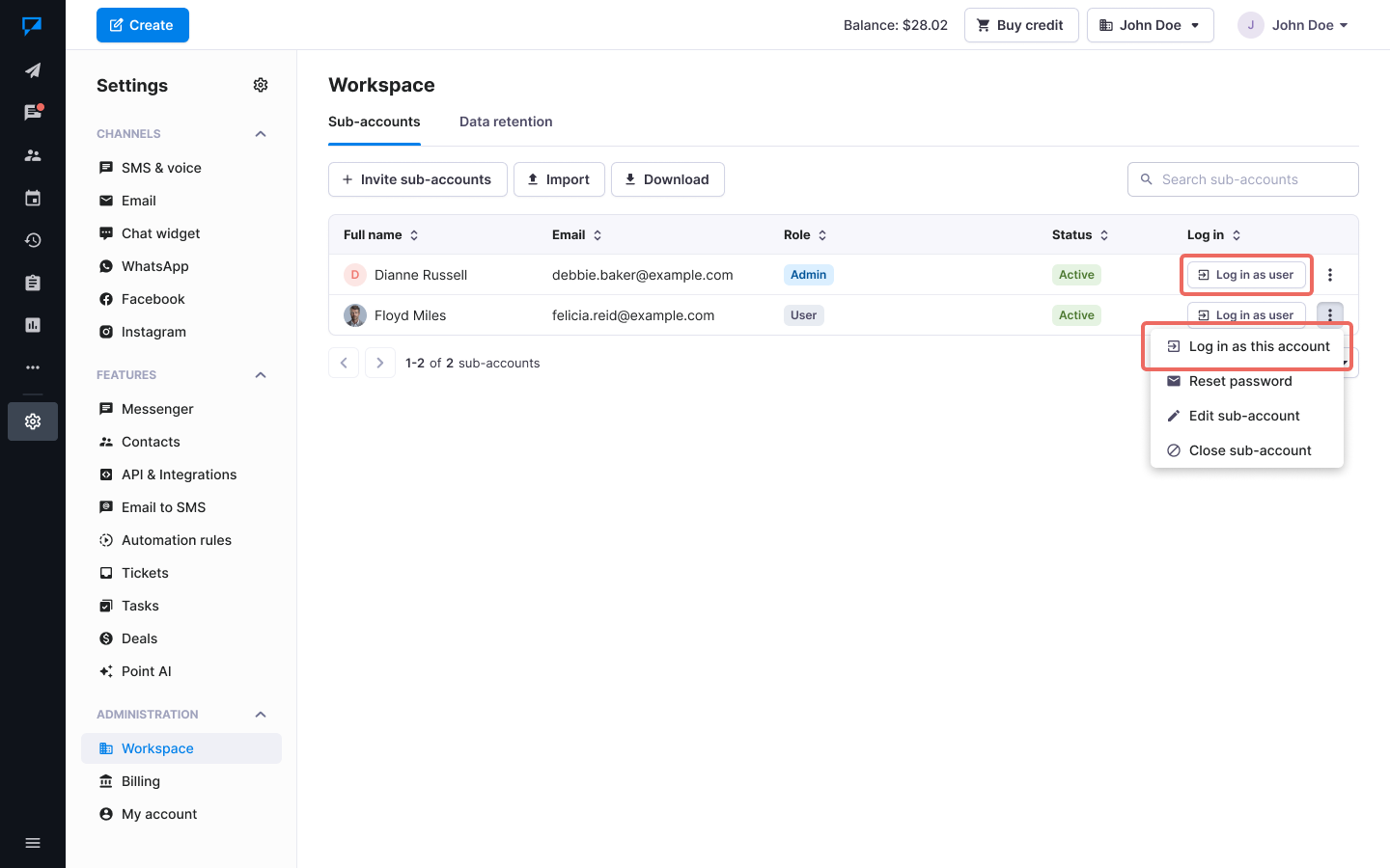 Textmagic manage sub accounts