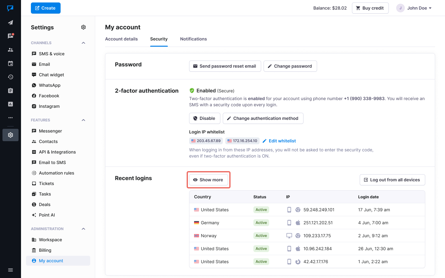 Textmagic - Show login history