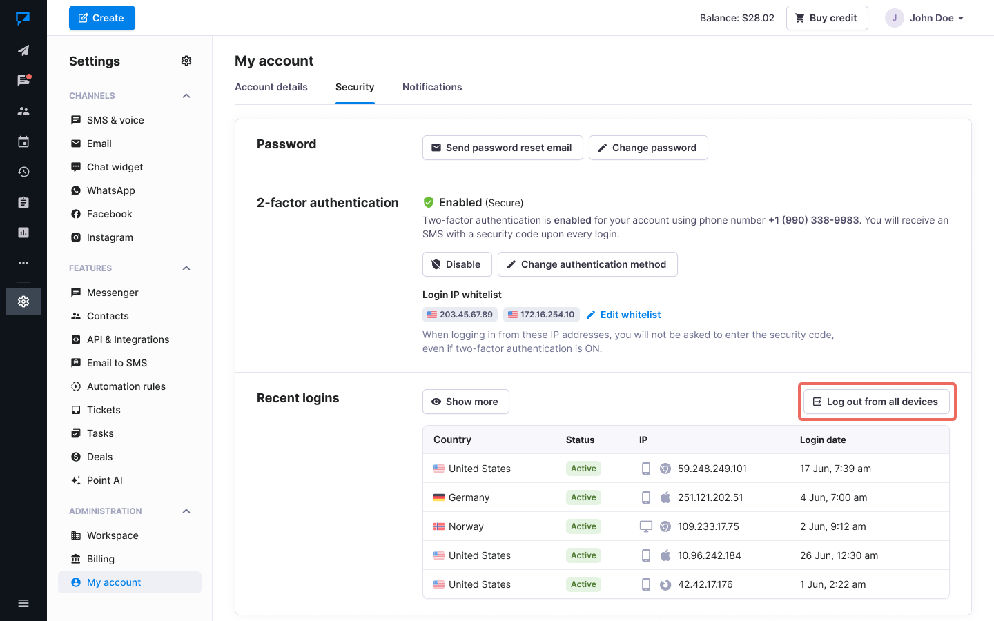 Textmagic - Log out from all devices