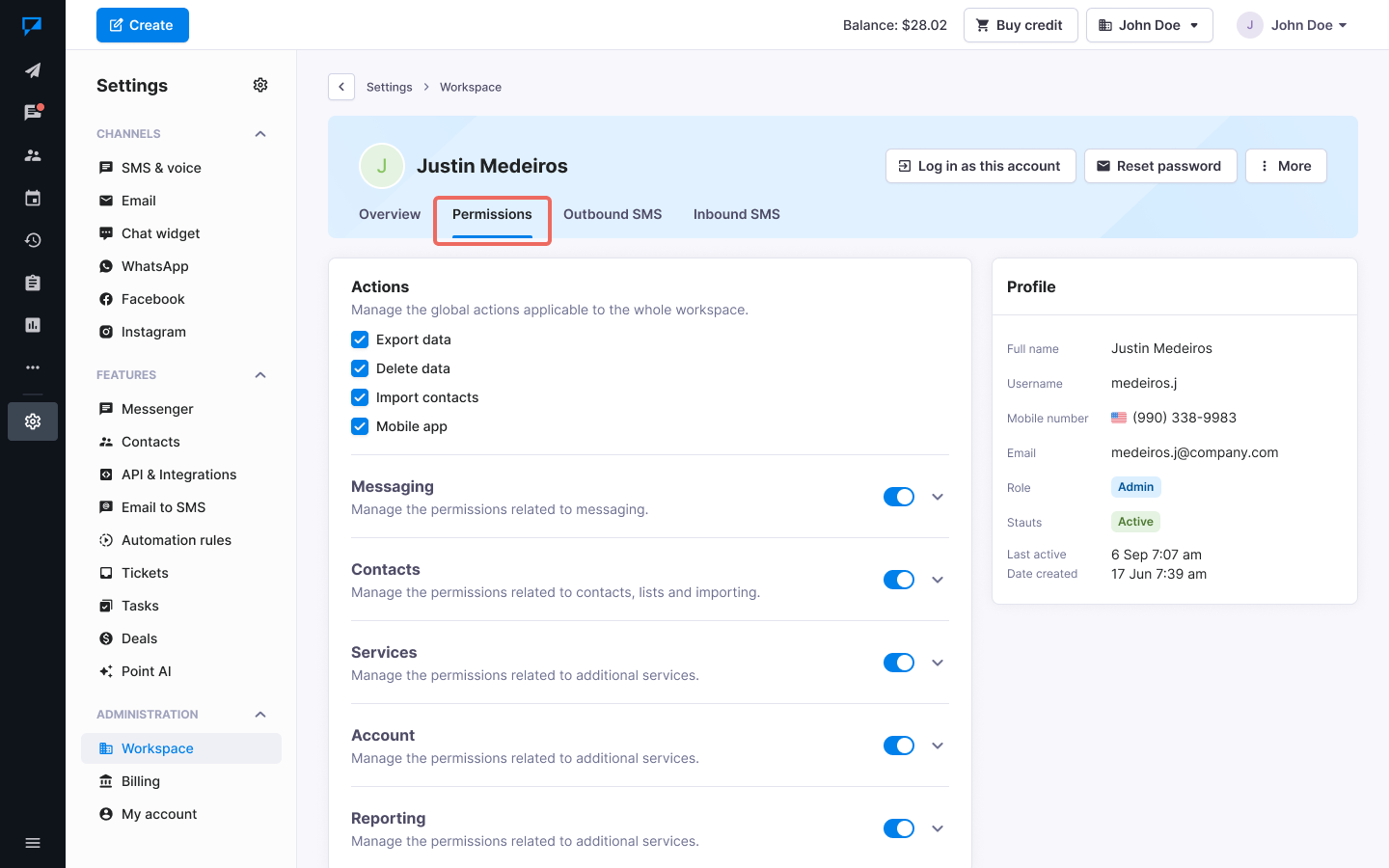 Textmagic manage sub-accounts permissions