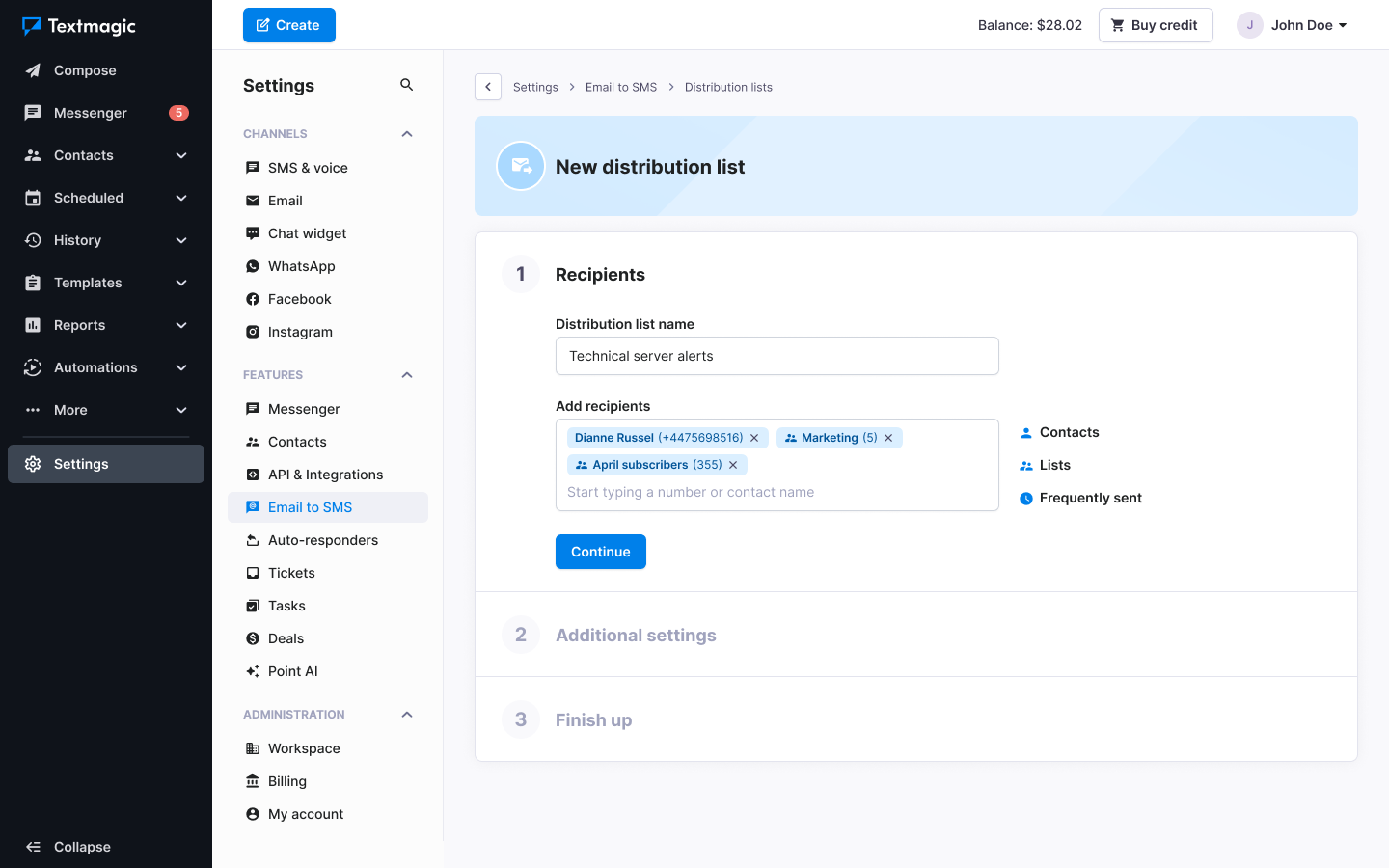Textmagic distribution list new recipients