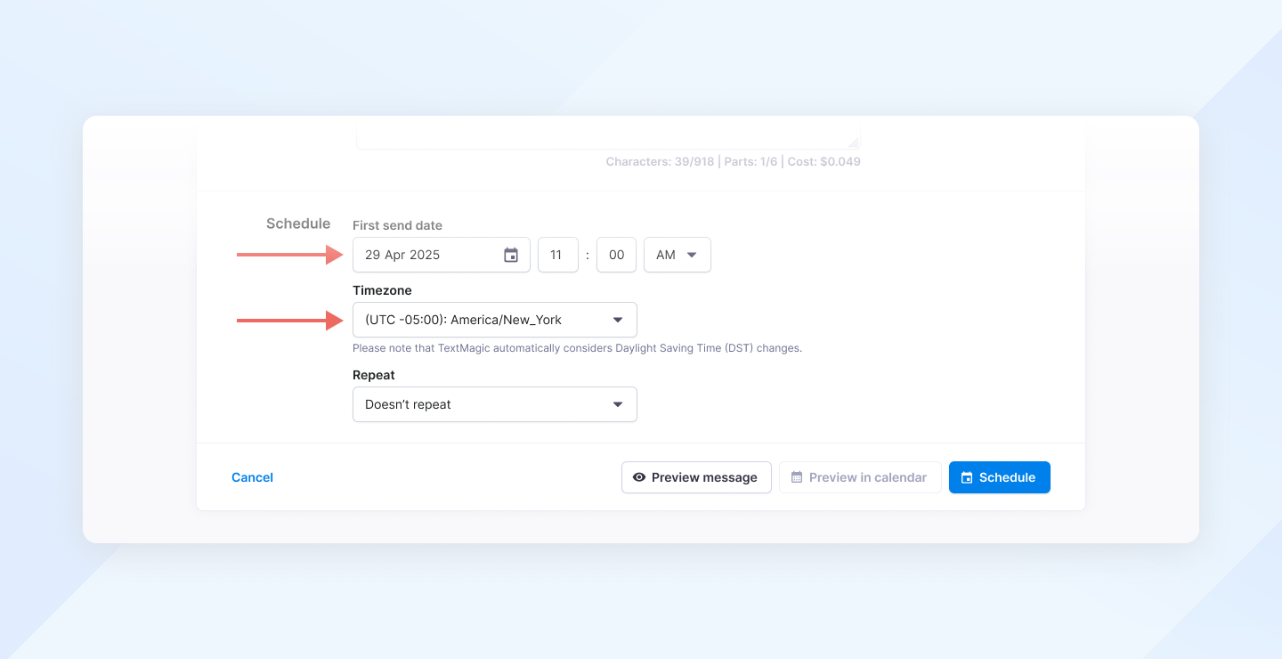 Textmagic scheduled SMS time