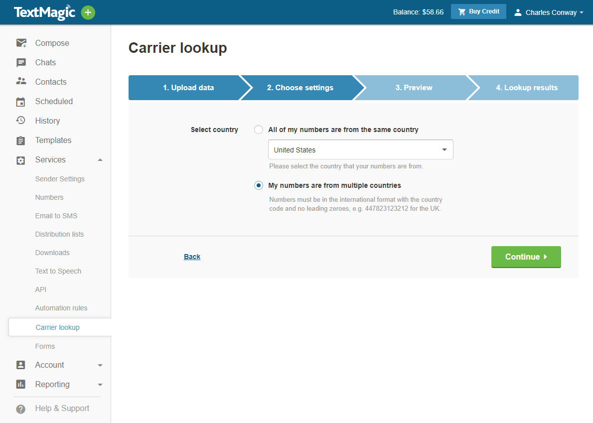 Validate numbers with Carrier Lookup service TextMagic