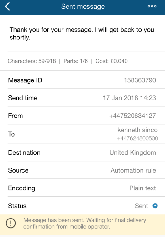 Textmagic sent sms details