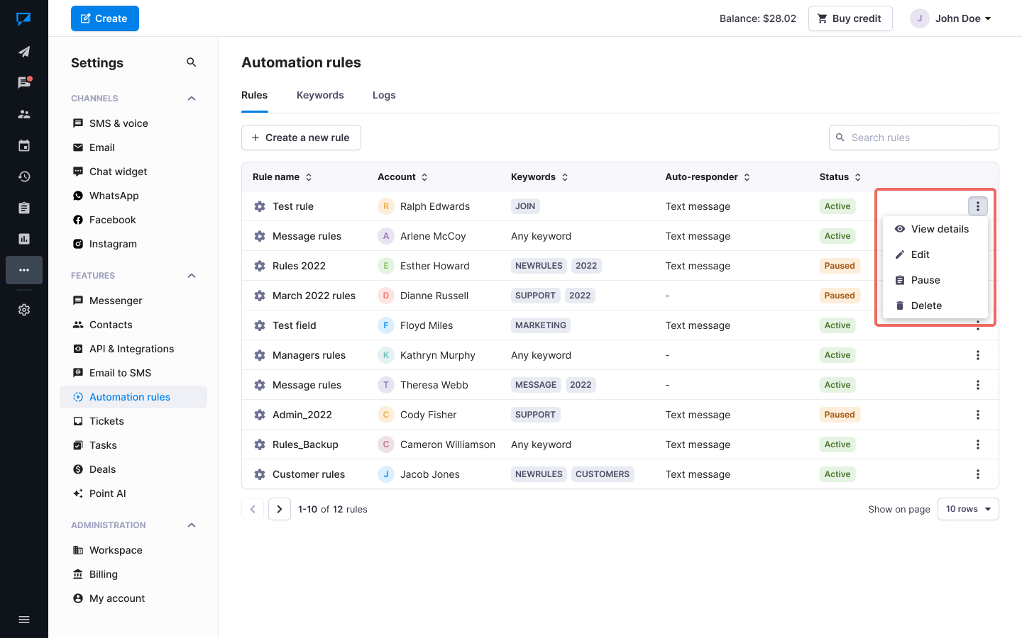 Textmagic how to edit the rule