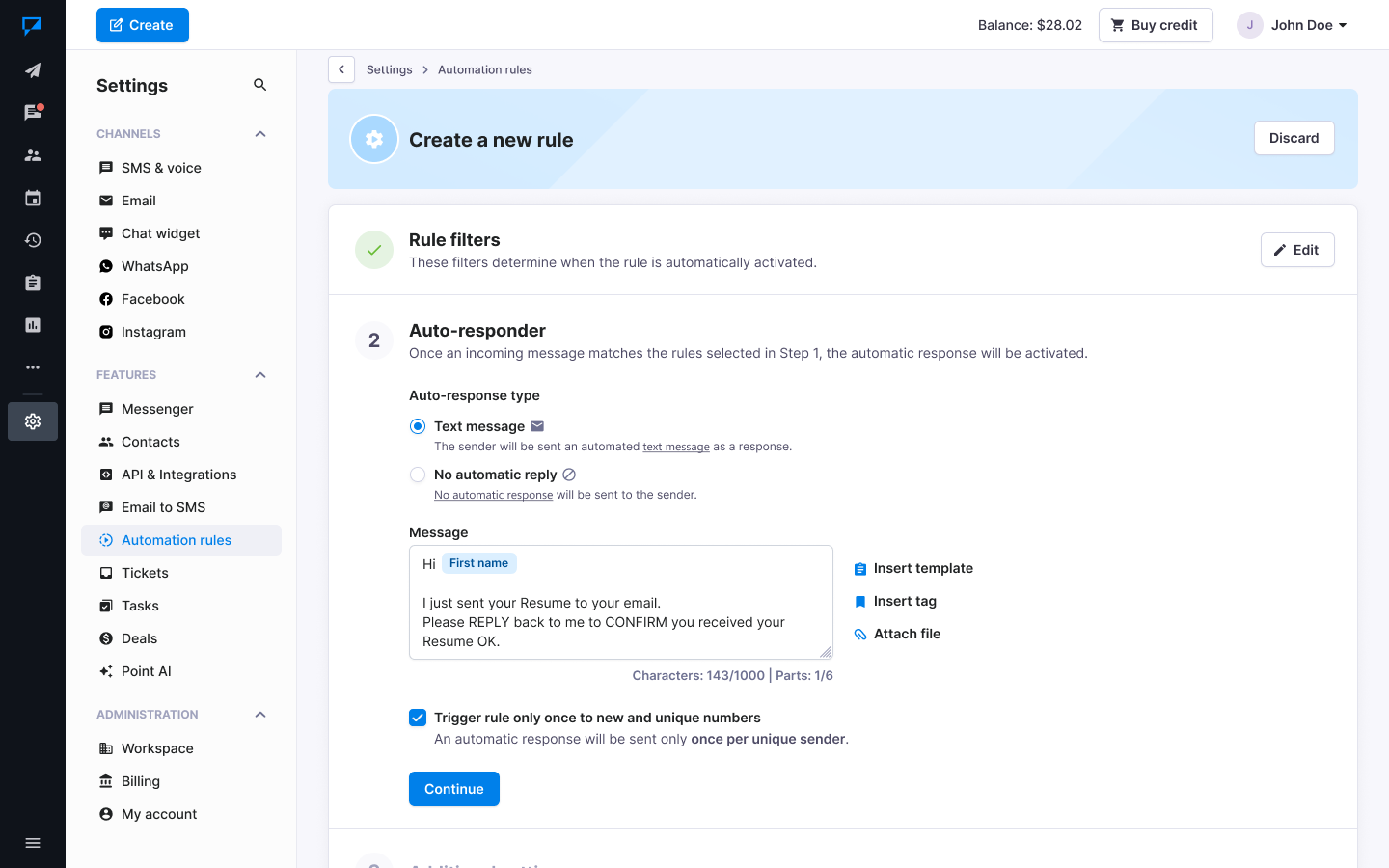 Textmagic auto reply type