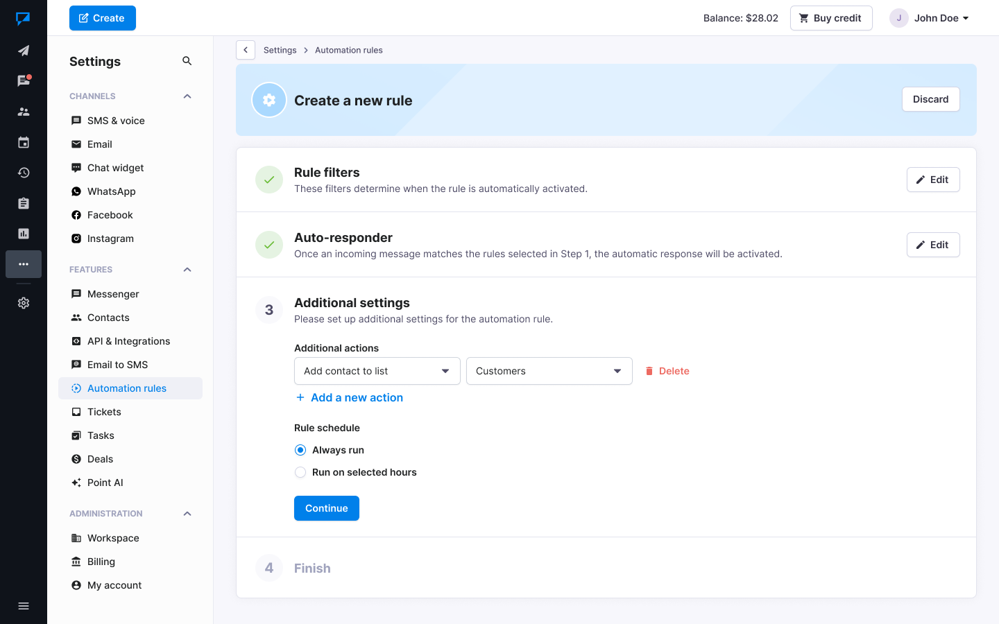 Textmagic add or delete the number rule