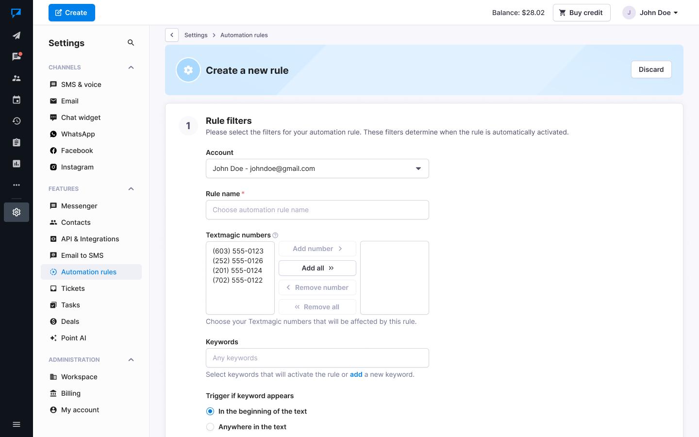 Textmagic adjust your automation rule settings