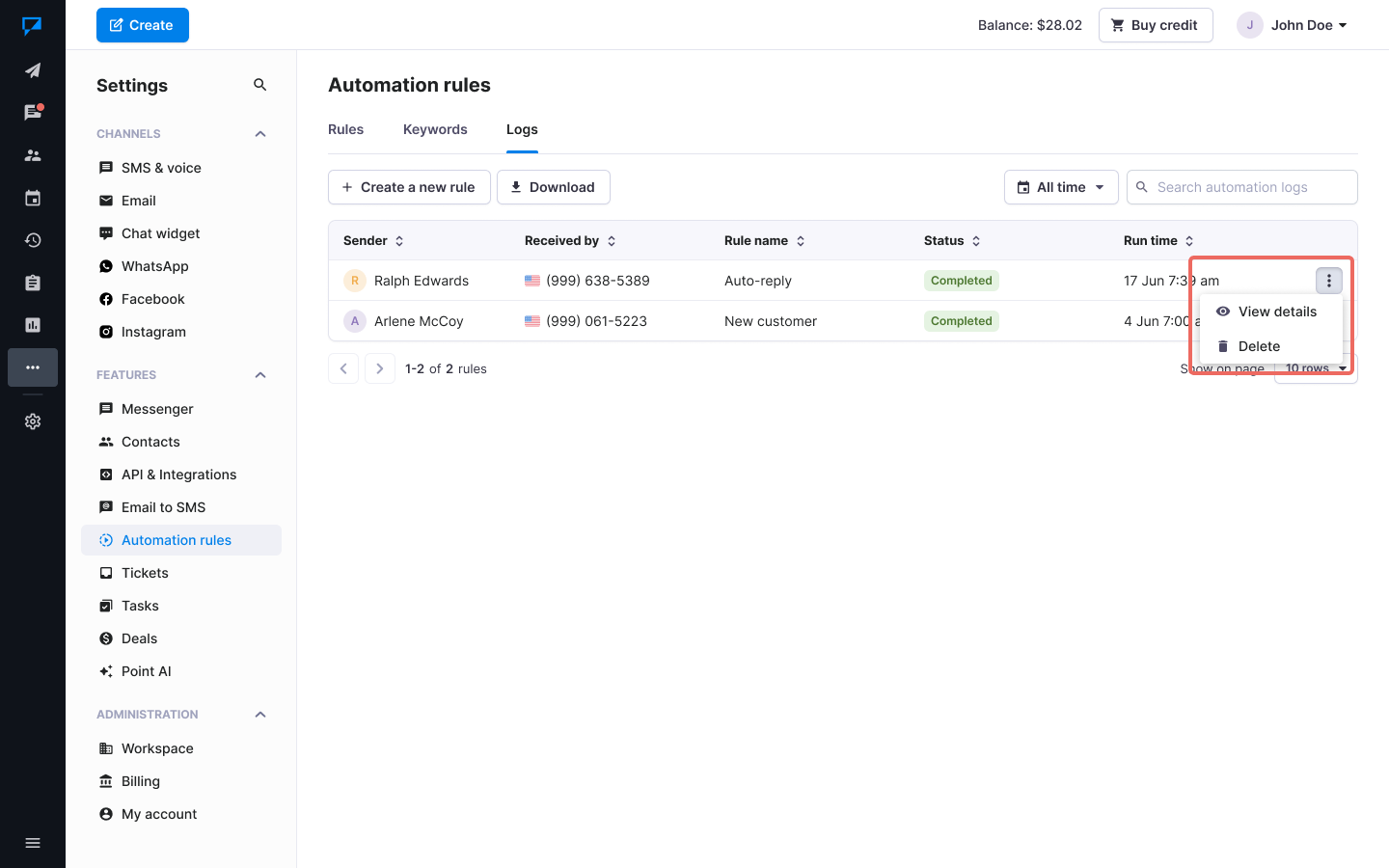 Textmagic view automation logs