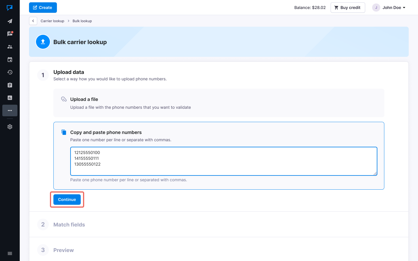 Textmagic copy and paste numbers for the validation