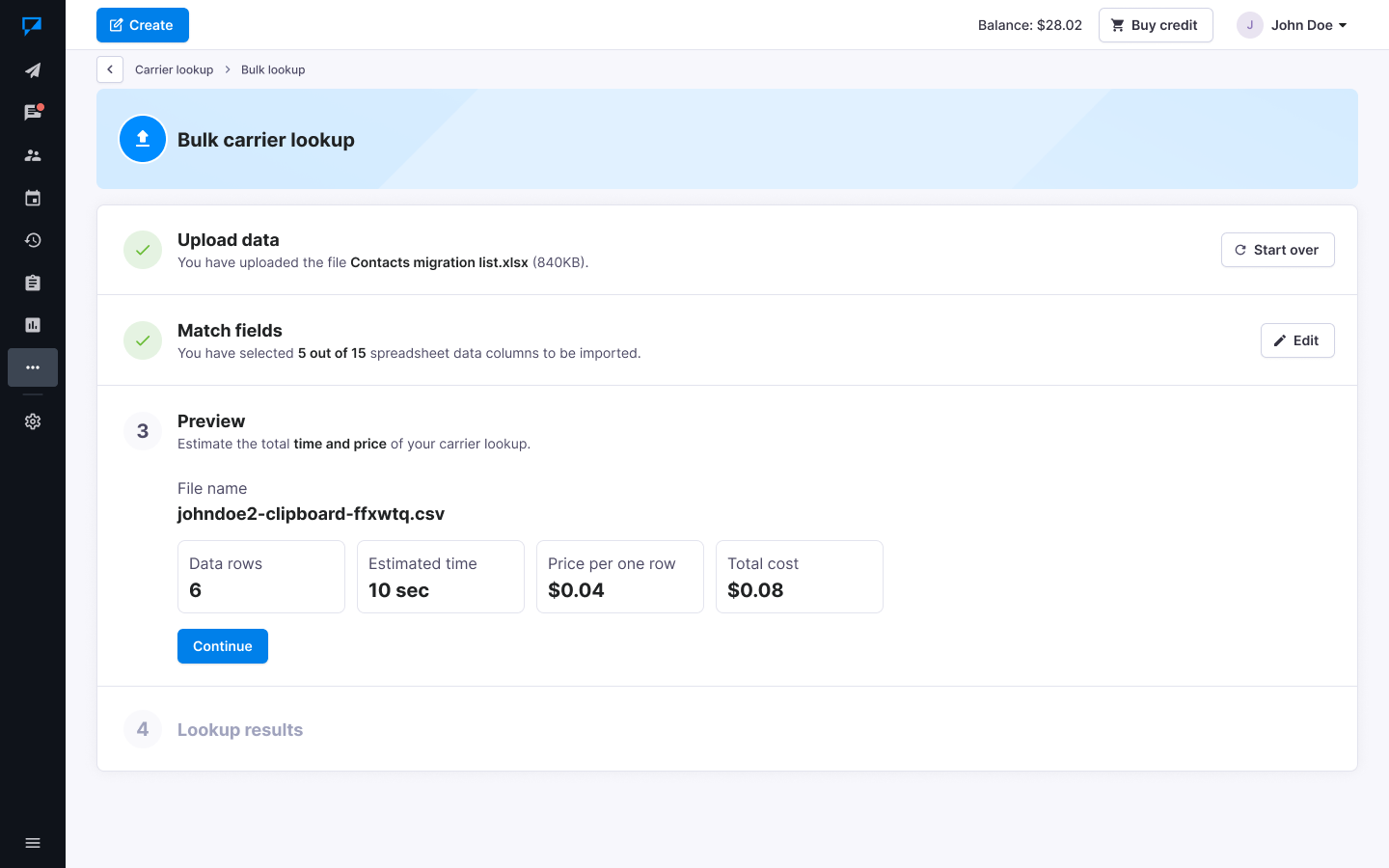 Textmagic bulk lookup summary