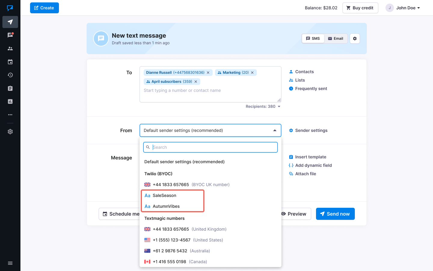 Twilio Sender ID selection