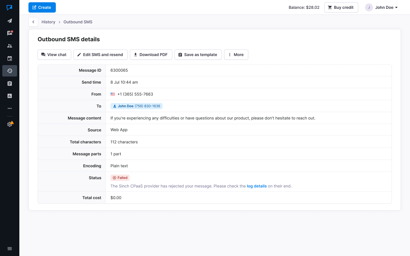Failed Sinch message