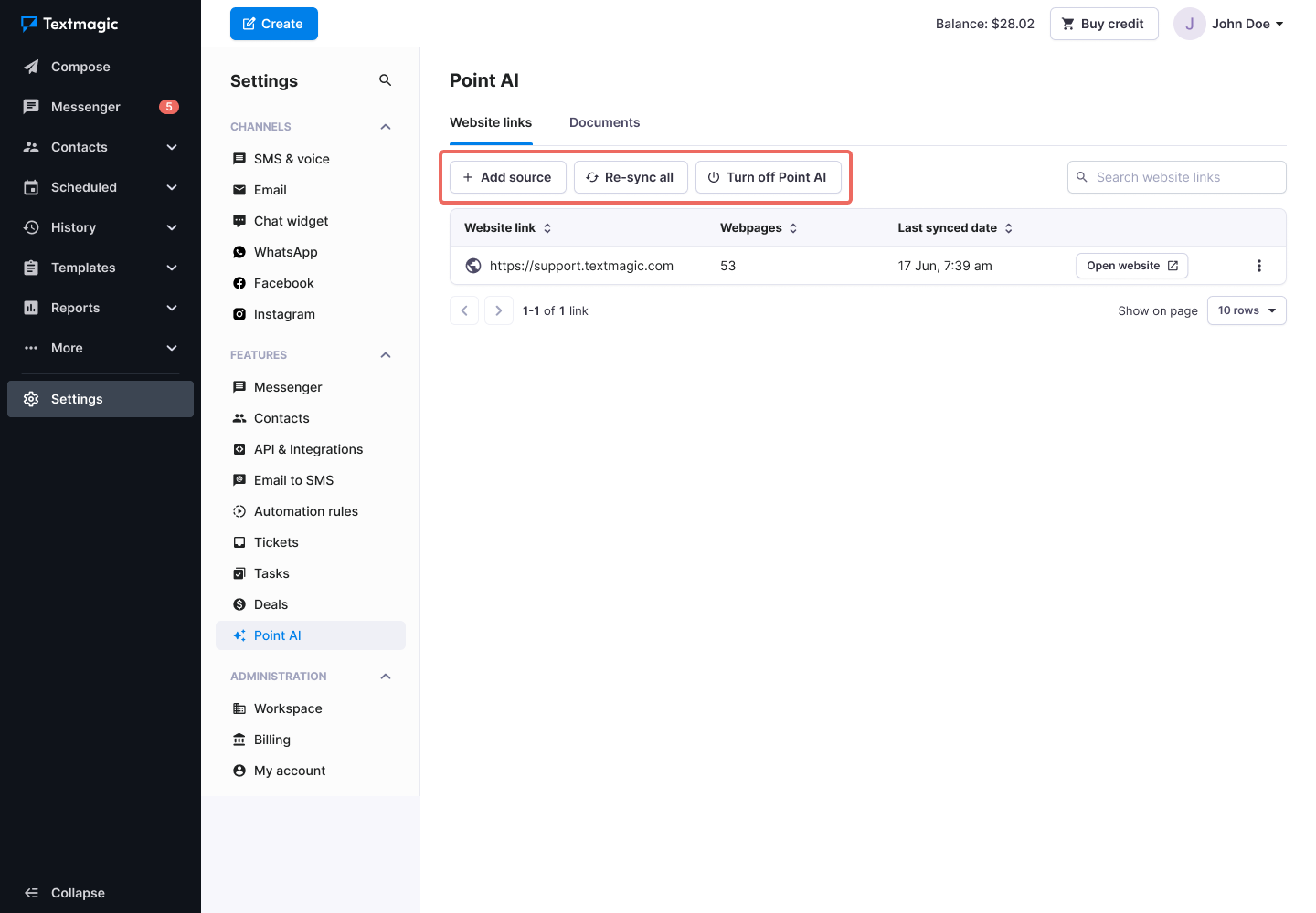 Textmagic AI settings
