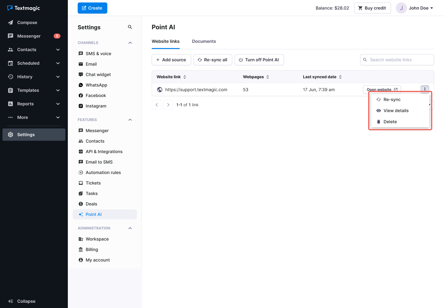 Textmagic AI settings