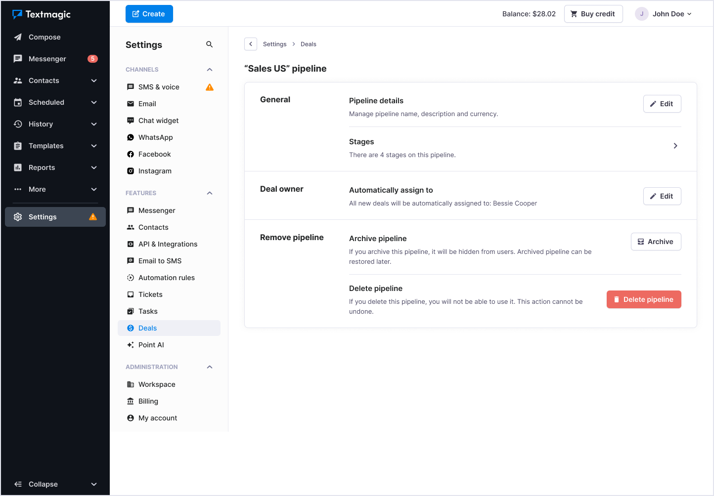 Textmagic pipeline settings